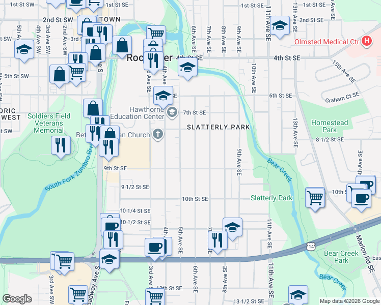map of restaurants, bars, coffee shops, grocery stores, and more near 861 6th Avenue Southeast in Rochester