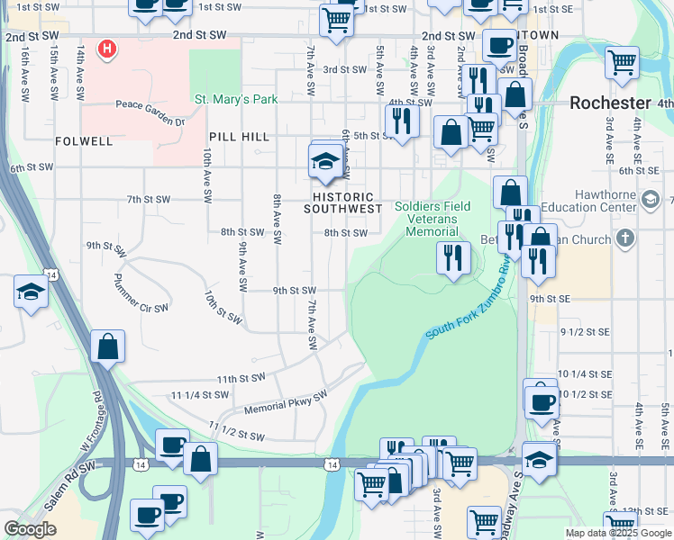 map of restaurants, bars, coffee shops, grocery stores, and more near 615 9th Street Southwest in Rochester
