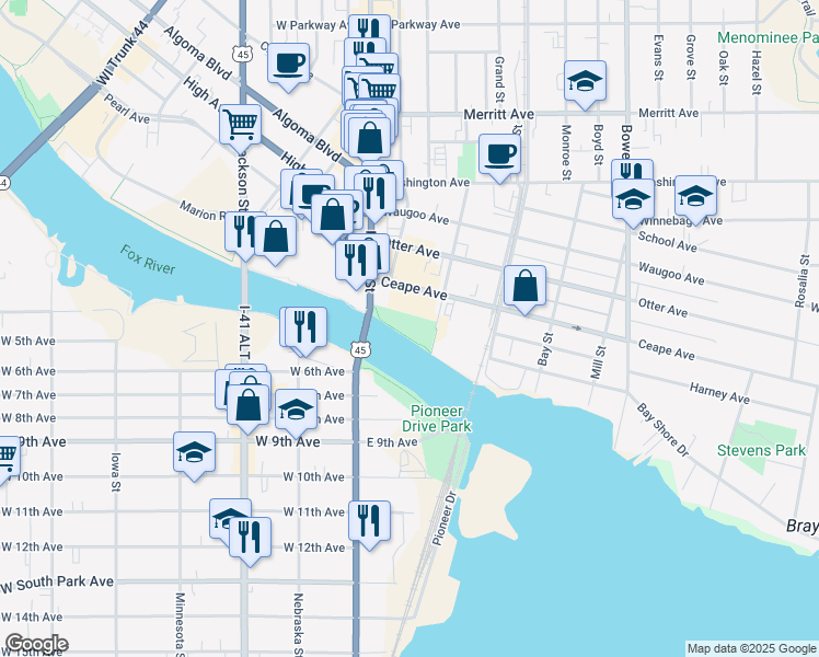 map of restaurants, bars, coffee shops, grocery stores, and more near Oshkosh Riverwalk in Oshkosh