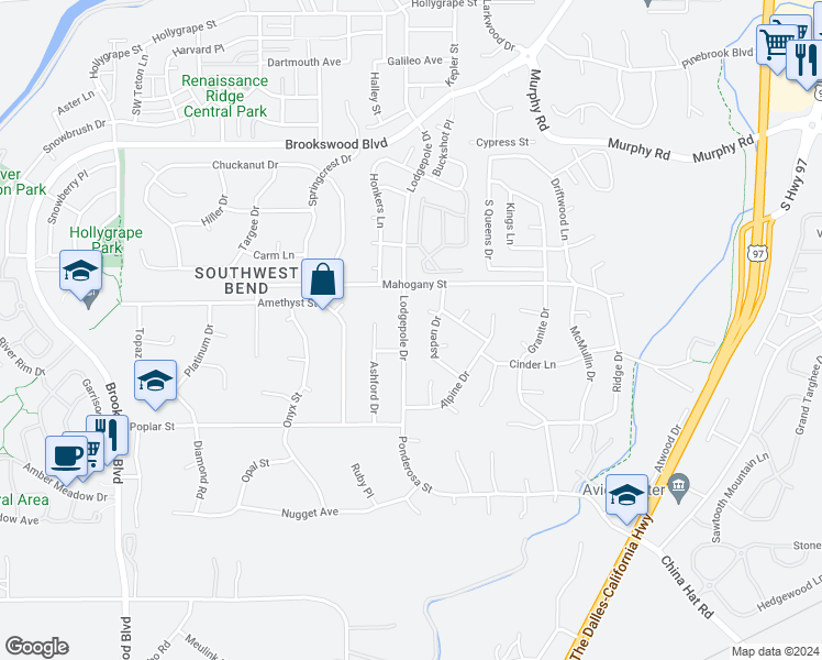 map of restaurants, bars, coffee shops, grocery stores, and more near 60954 Lodgepole Drive in Bend