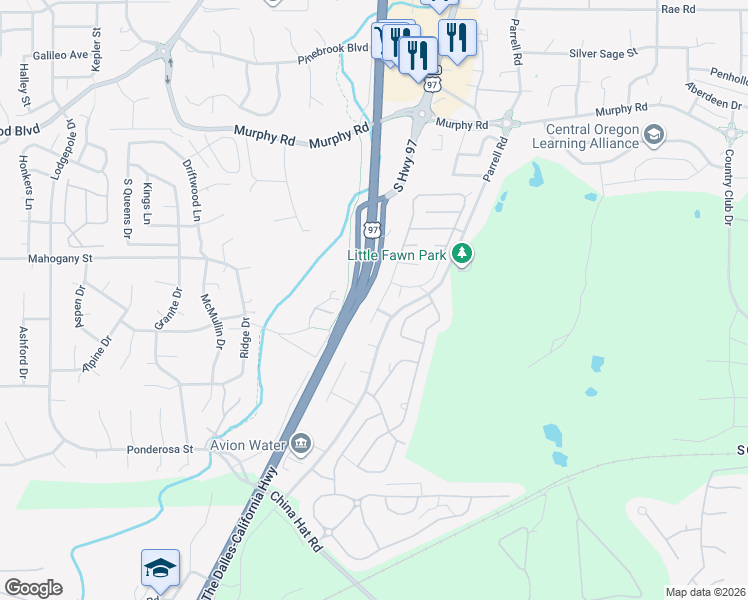map of restaurants, bars, coffee shops, grocery stores, and more near 61205 Southeast Geary Drive in Bend
