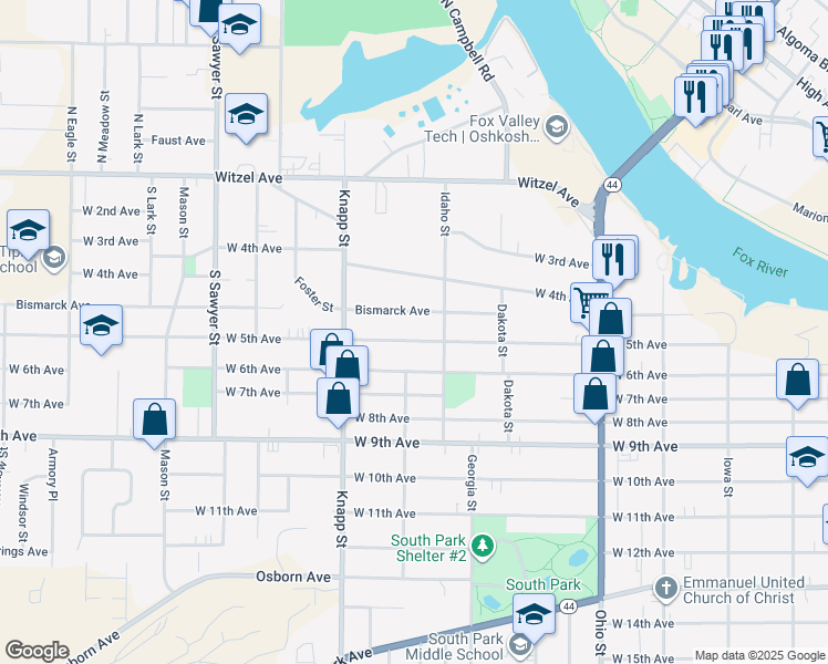 map of restaurants, bars, coffee shops, grocery stores, and more near 833 West 5th Avenue in Oshkosh