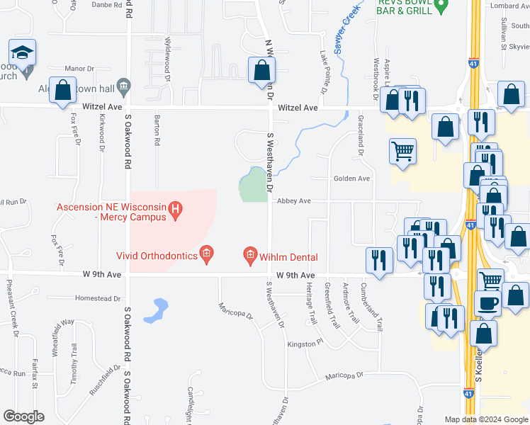 map of restaurants, bars, coffee shops, grocery stores, and more near 304 West Irving Avenue in Oshkosh