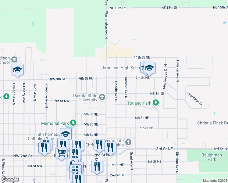 map of restaurants, bars, coffee shops, grocery stores, and more near 901 Lincoln Avenue North in Madison