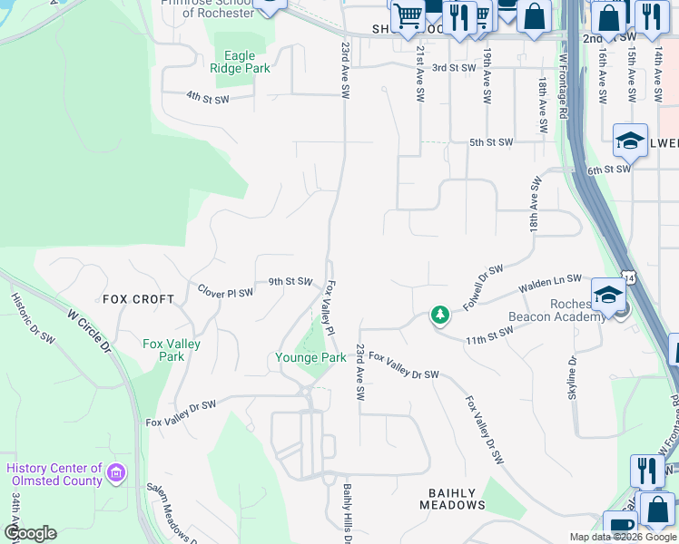 map of restaurants, bars, coffee shops, grocery stores, and more near 884 Fox Valley Place in Rochester