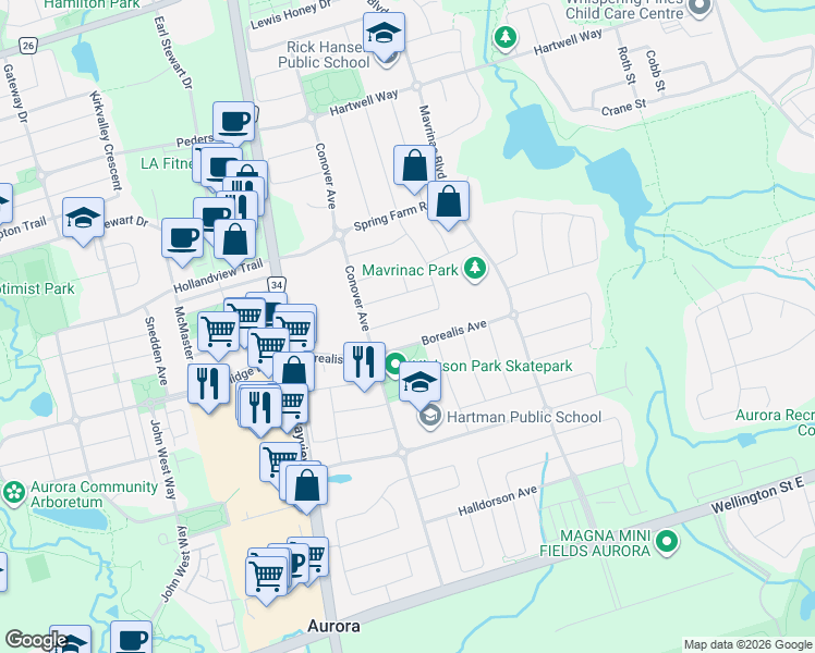 map of restaurants, bars, coffee shops, grocery stores, and more near 37 Bilbrough Street in Aurora