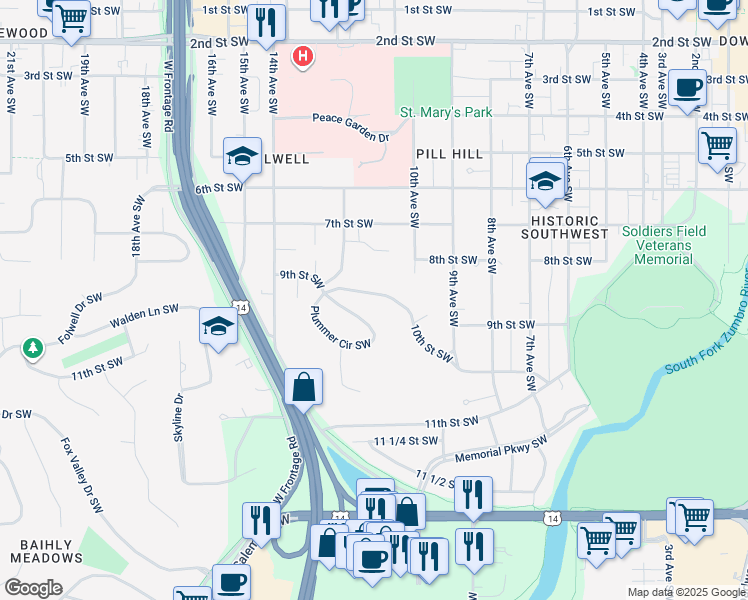 map of restaurants, bars, coffee shops, grocery stores, and more near 1116 10th Street Southwest in Rochester