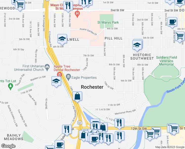 map of restaurants, bars, coffee shops, grocery stores, and more near 1122 10th Street Southwest in Rochester