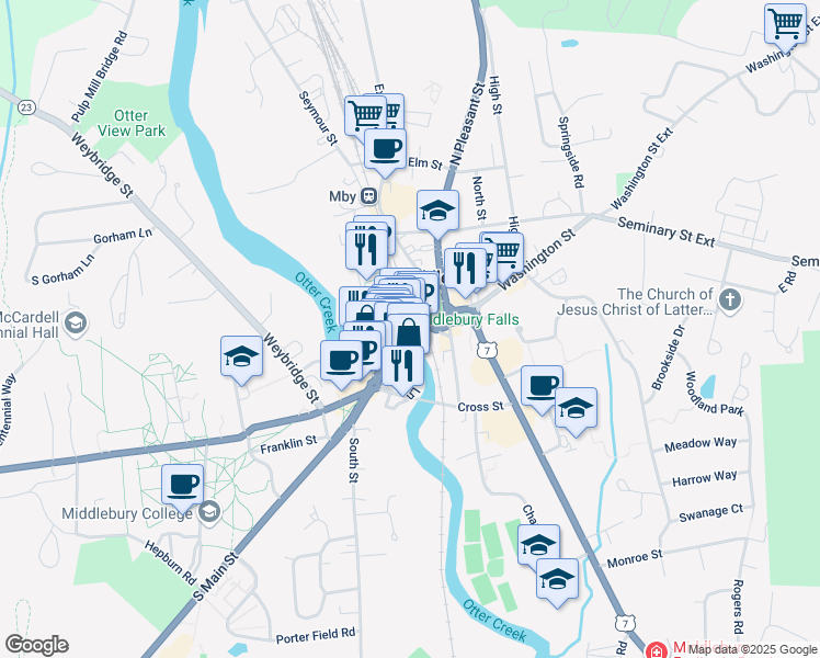 map of restaurants, bars, coffee shops, grocery stores, and more near 3 Bakery Lane in Middlebury