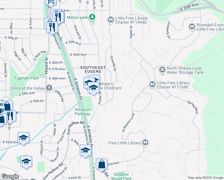 map of restaurants, bars, coffee shops, grocery stores, and more near 3863 Onyx Street in Eugene