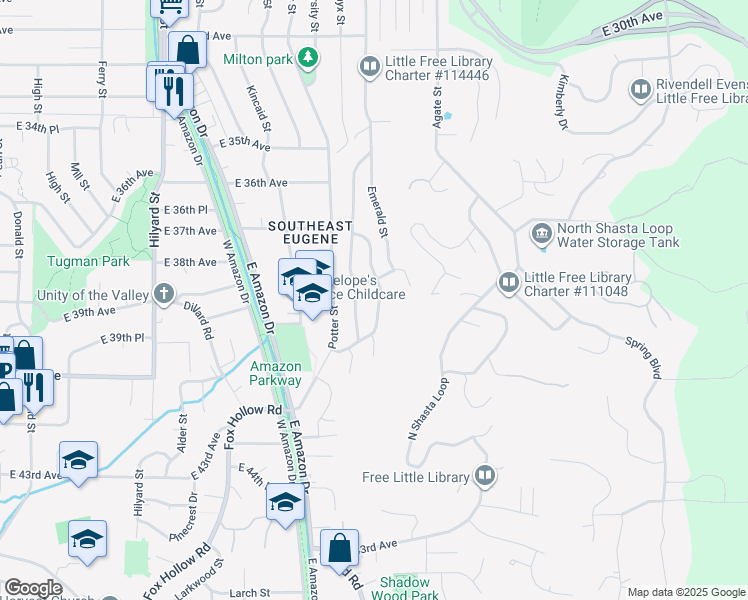map of restaurants, bars, coffee shops, grocery stores, and more near 3863 Onyx Street in Eugene