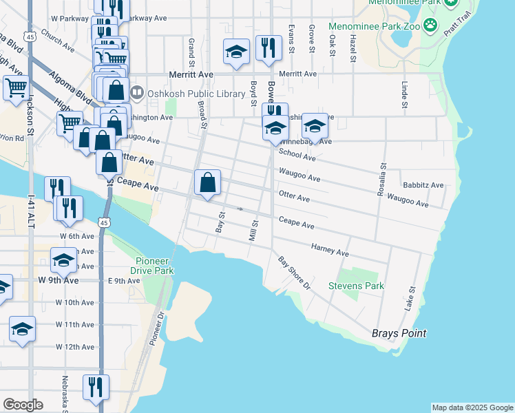 map of restaurants, bars, coffee shops, grocery stores, and more near 54 Mill Street in Oshkosh