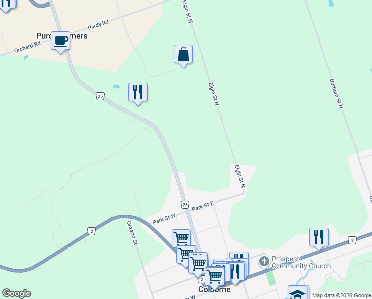 map of restaurants, bars, coffee shops, grocery stores, and more near 70 Percy Street in Colborne