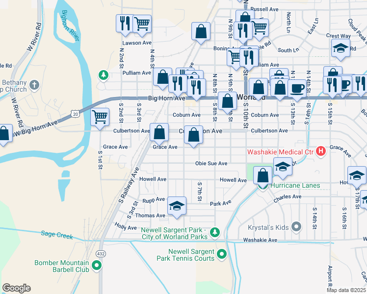 map of restaurants, bars, coffee shops, grocery stores, and more near 399 S 6th St in Worland