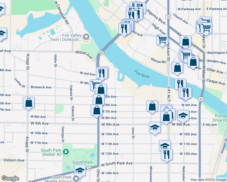 map of restaurants, bars, coffee shops, grocery stores, and more near 508 West 4th Avenue in Oshkosh
