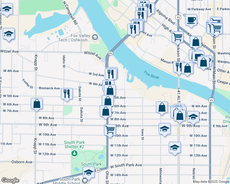 map of restaurants, bars, coffee shops, grocery stores, and more near 508 West 4th Avenue in Oshkosh