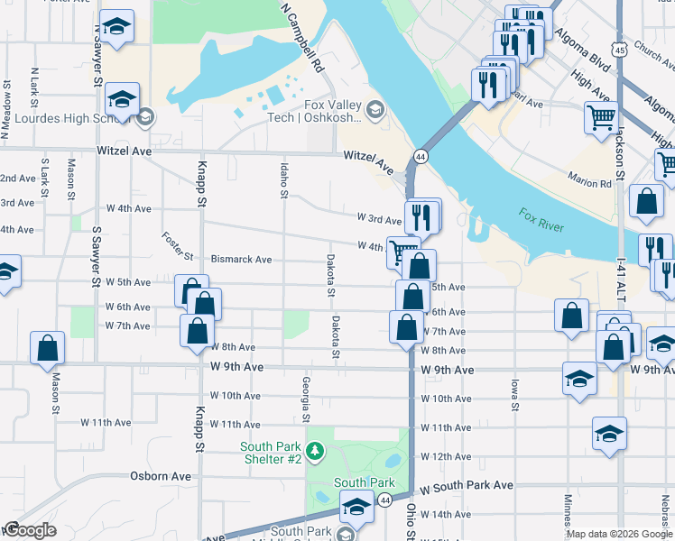 map of restaurants, bars, coffee shops, grocery stores, and more near 677 West 4th Avenue in Oshkosh
