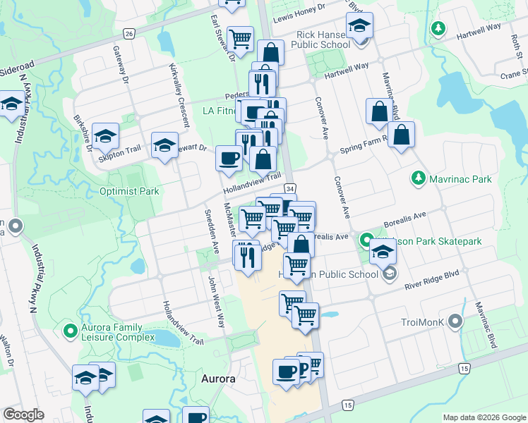map of restaurants, bars, coffee shops, grocery stores, and more near 12 Stiles Avenue in Aurora