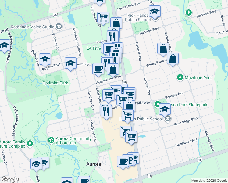 map of restaurants, bars, coffee shops, grocery stores, and more near 10 Stiles Avenue in Aurora