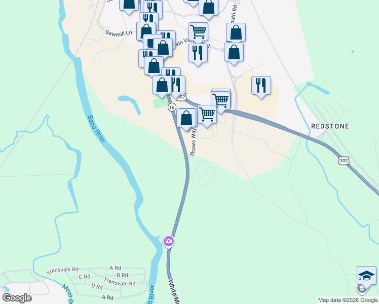 map of restaurants, bars, coffee shops, grocery stores, and more near 1275 White Mountain Highway in Conway