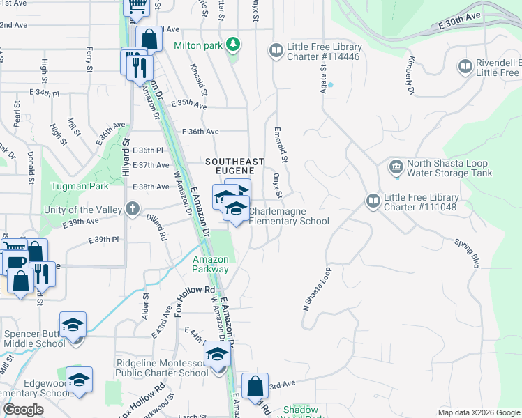 map of restaurants, bars, coffee shops, grocery stores, and more near 3798 University Street in Eugene