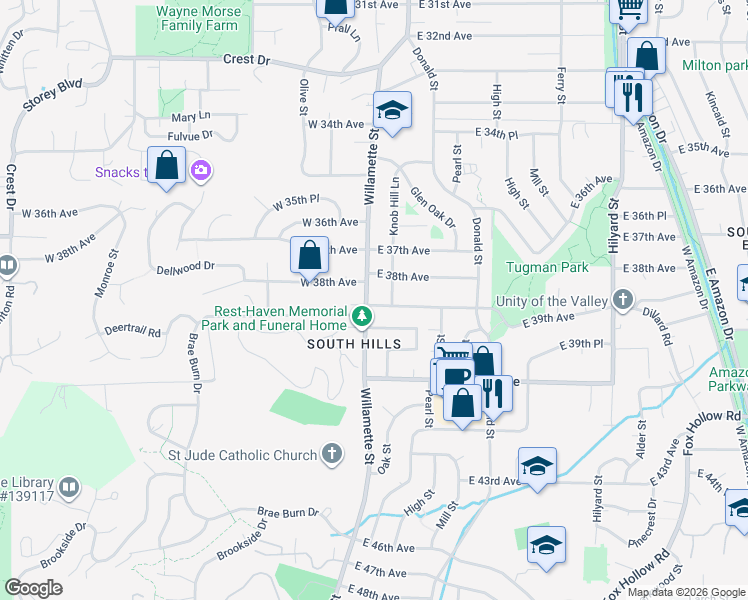 map of restaurants, bars, coffee shops, grocery stores, and more near 3804 Knob Hill Lane in Eugene