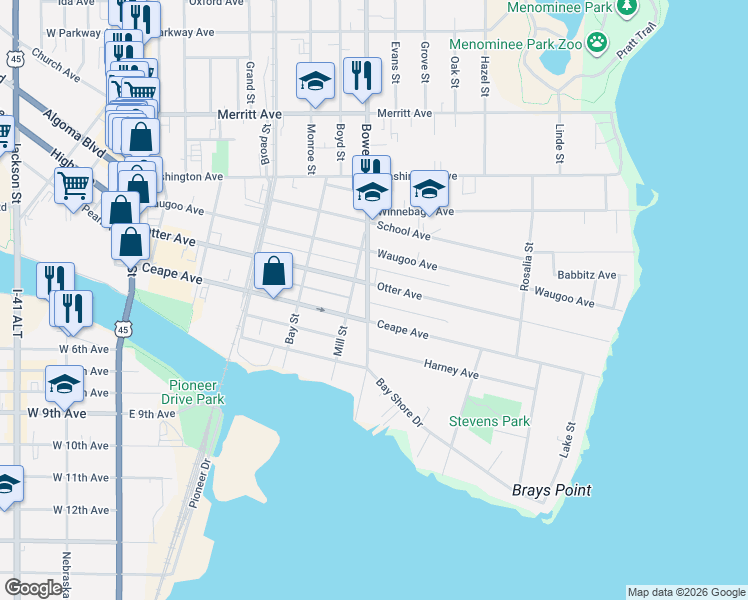 map of restaurants, bars, coffee shops, grocery stores, and more near 208 Bowen Street in Oshkosh