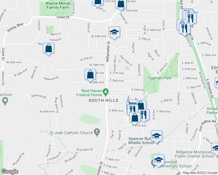 map of restaurants, bars, coffee shops, grocery stores, and more near 3861 Willamette Street in Eugene