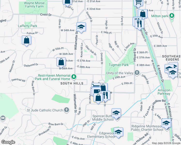 map of restaurants, bars, coffee shops, grocery stores, and more near 220 East 38th Avenue in Eugene