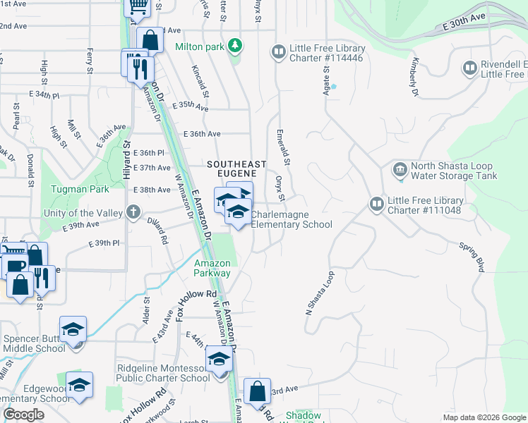 map of restaurants, bars, coffee shops, grocery stores, and more near 3798 University Street in Eugene