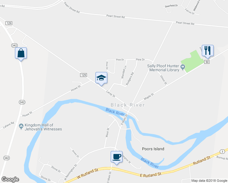 map of restaurants, bars, coffee shops, grocery stores, and more near 142 Leray Street in Black River