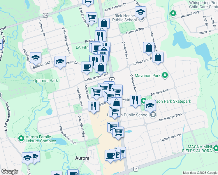 map of restaurants, bars, coffee shops, grocery stores, and more near 82 Baywell Crescent in Aurora