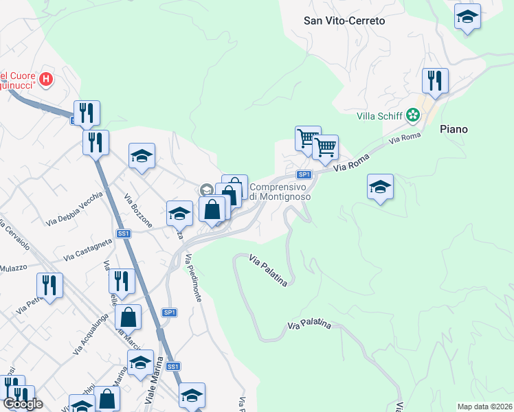 map of restaurants, bars, coffee shops, grocery stores, and more near 41 Via del Palazzo in Capanne-Prato-Cinquale