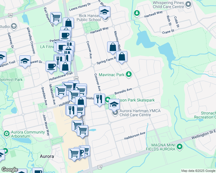 map of restaurants, bars, coffee shops, grocery stores, and more near 30 Bilbrough Street in Aurora