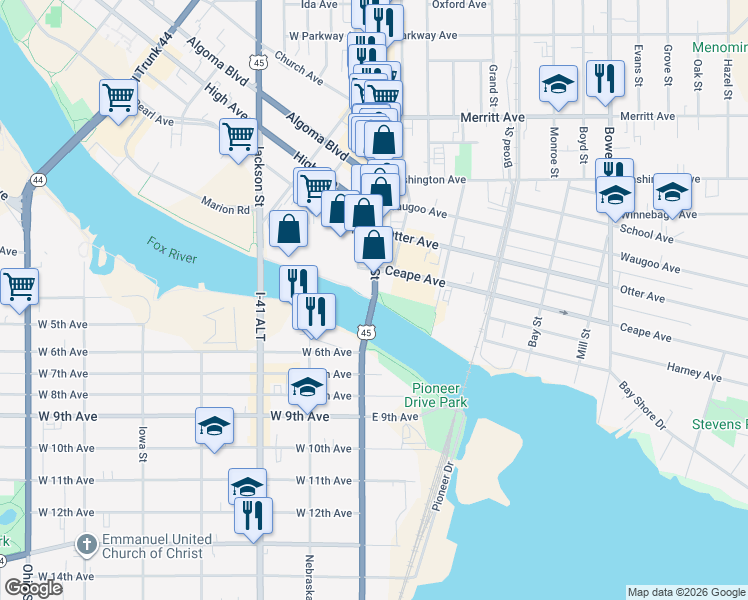 map of restaurants, bars, coffee shops, grocery stores, and more near 1 North Main Street in Oshkosh