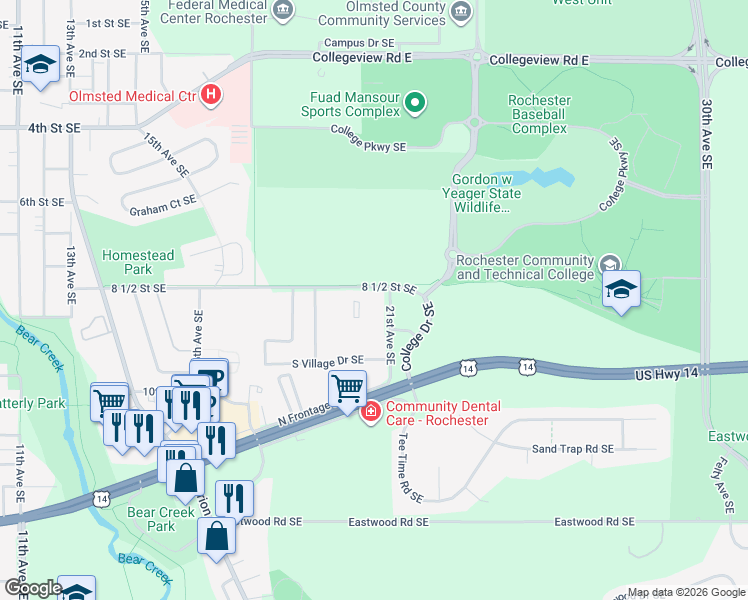 map of restaurants, bars, coffee shops, grocery stores, and more near in Rochester
