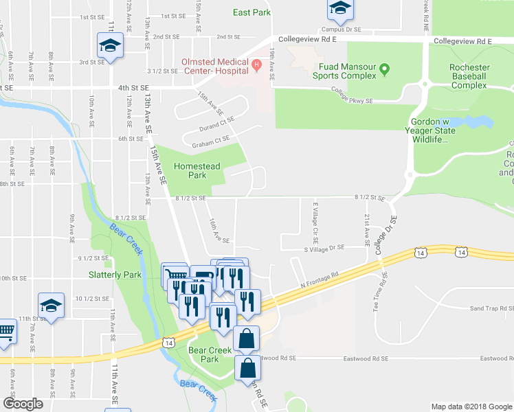 map of restaurants, bars, coffee shops, grocery stores, and more near 760 Neville Court Southeast in Rochester
