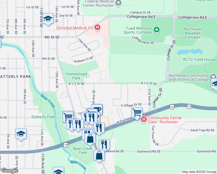 map of restaurants, bars, coffee shops, grocery stores, and more near 760 Neville Court Southeast in Rochester