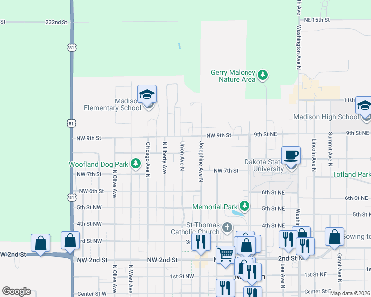 map of restaurants, bars, coffee shops, grocery stores, and more near 443-493 Northwest 9th Street in Madison