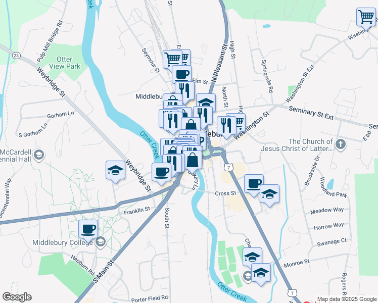 map of restaurants, bars, coffee shops, grocery stores, and more near 34 Main Street in Middlebury
