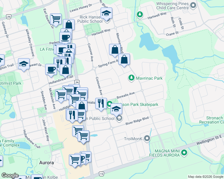 map of restaurants, bars, coffee shops, grocery stores, and more near 38 Bilbrough Street in Aurora