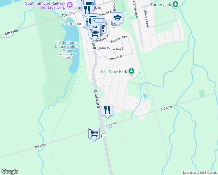 map of restaurants, bars, coffee shops, grocery stores, and more near 47 Donnan Drive in New Tecumseth