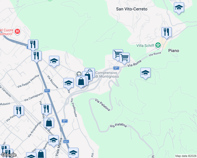map of restaurants, bars, coffee shops, grocery stores, and more near Strada Provinciale 1 in Capanne-prato-cinquale