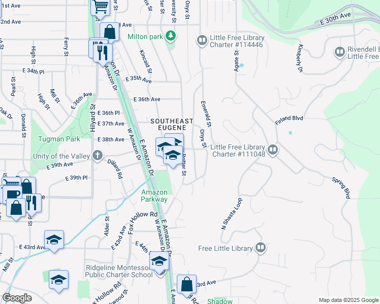 map of restaurants, bars, coffee shops, grocery stores, and more near 3798 University Street in Eugene