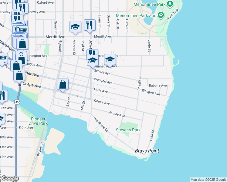 map of restaurants, bars, coffee shops, grocery stores, and more near 1025 Waugoo Avenue in Oshkosh