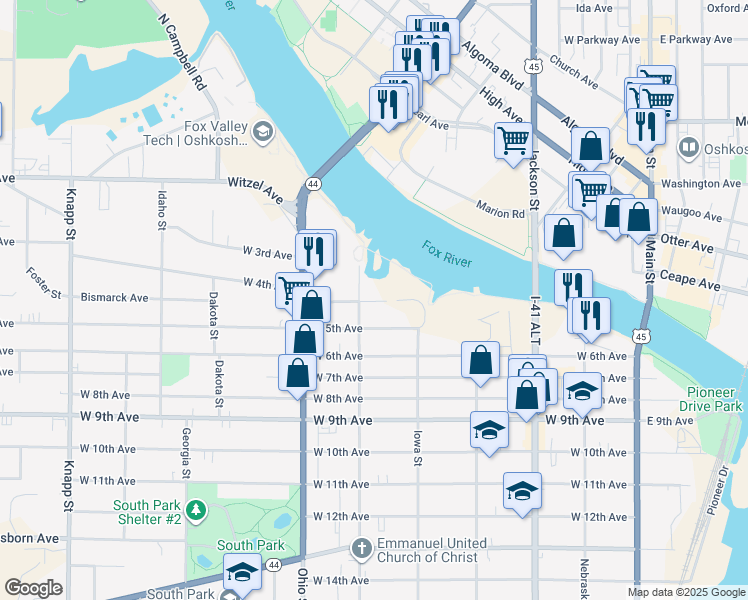 map of restaurants, bars, coffee shops, grocery stores, and more near 362 Michigan Street in Oshkosh