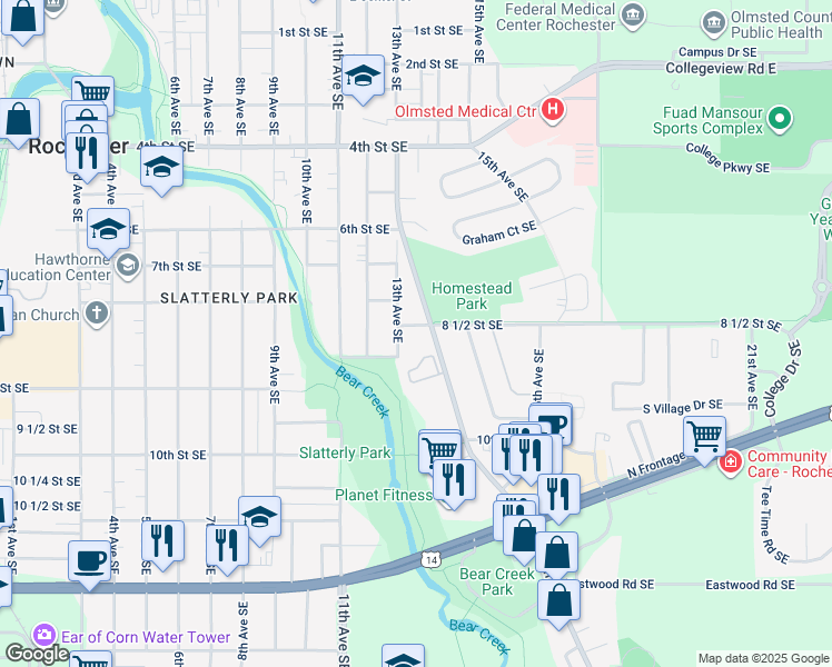 map of restaurants, bars, coffee shops, grocery stores, and more near 1303 8 1/2 Street Southeast in Rochester
