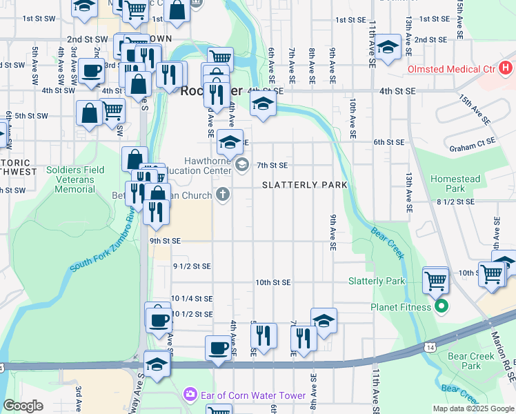 map of restaurants, bars, coffee shops, grocery stores, and more near 815 6th Avenue Southeast in Rochester
