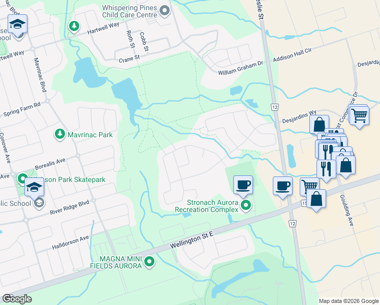 map of restaurants, bars, coffee shops, grocery stores, and more near 67 Duggan Street in Aurora