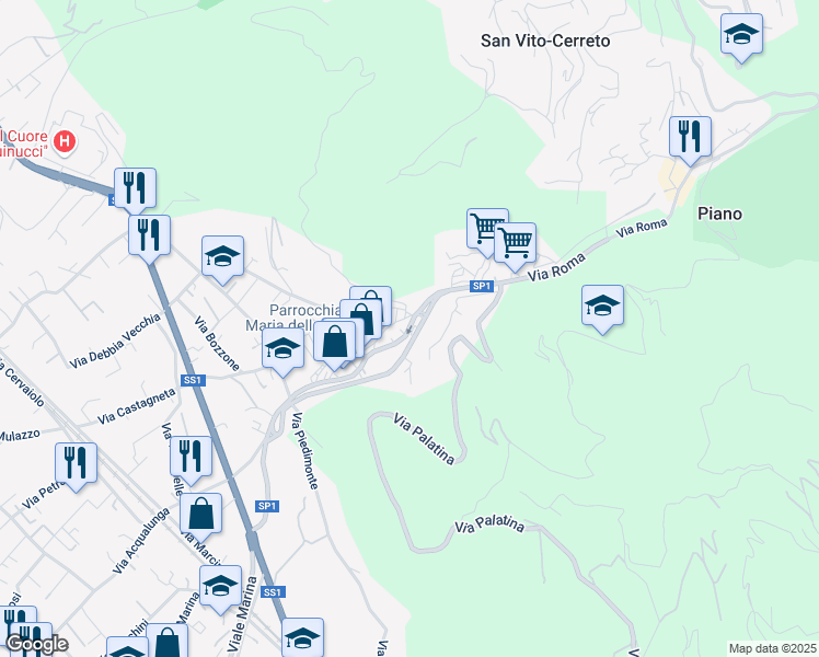 map of restaurants, bars, coffee shops, grocery stores, and more near Strada Provinciale 1 in Capanne-prato-cinquale